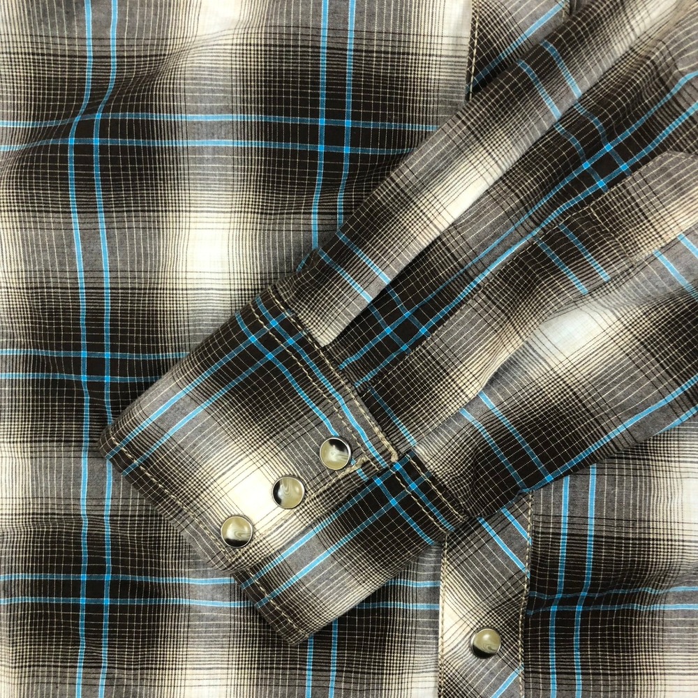 Wrangler Retro Western Shirt Mens XL Brown Blue Plaid Pearl Snap Long Sleeve - Picture 4 of 7